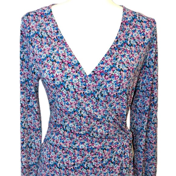 Lush | Floral Moss Crepe Long Sleeve Wrap Dress Blue Purple Multi | Size Medium - Picture 5 of 12